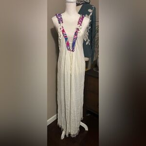 Z&L Bohemian White Maxi Dress with Embroidered Peruvian V-Neck
